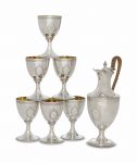 A SET OF SIX BRIGHT-ENGRAVED GOBLETS AND A WINE EWER EN SUITE IN THE LATE 18TH CENTURY STYLE MARK OF C .J. VANDER LTD., LONDON, 1968, THE EWER 1970