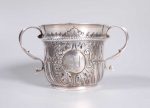 C J Vander Ltd Britannia Sterling silver "Tudor-style" 2 handled Cup with crest