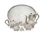AN ENGLISH SILVER-PLATE FOUR-PIECE TEA AND COFFEE SERVICE, A SILVER-PLATE TRAY AND A TABLE BELL THE SERVICE MARK OF JAMES DIXON & SONS, LATE 19TH/20TH CENTURY
