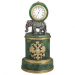 Russian Neoclassical Style Silver and Silver Gilt Mounted Green Jade Animalier Desk Clock 20th Century