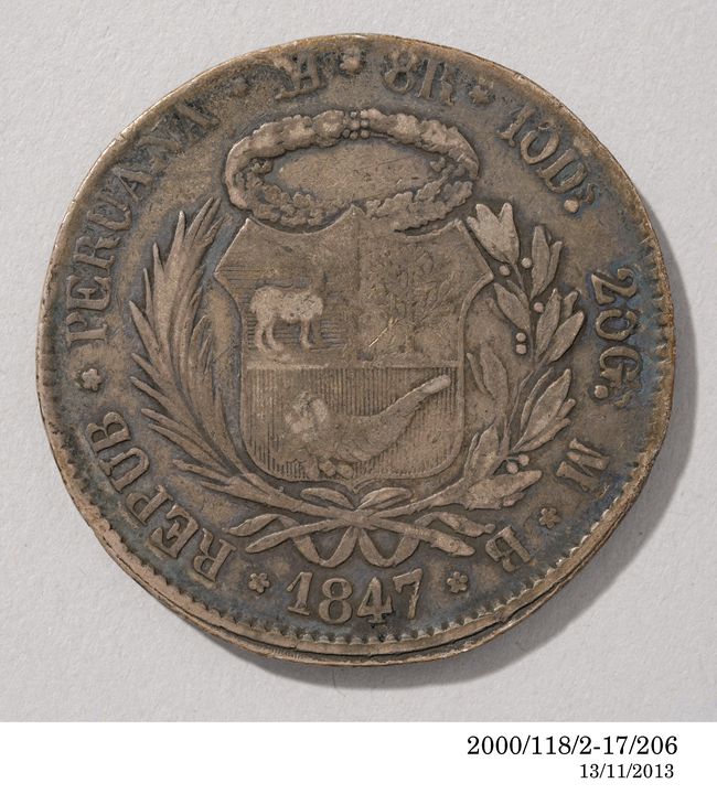 Coin, eight reales, silver, Lima, Peru, 1847