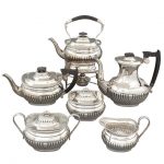 E. Viners Ltd., Six -Piece Sterling Silver Coffee and Tea Service with Ebonized Wood Handles Sheffield, circa 1947