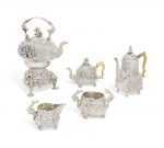 A GEORGE IV FIVE-PIECE SILVER TEA AND COFFEE-SERVICE MARK OF EDWARD FARRELL, LONDON, 1821, THE KETTLE AND STAND 1822
