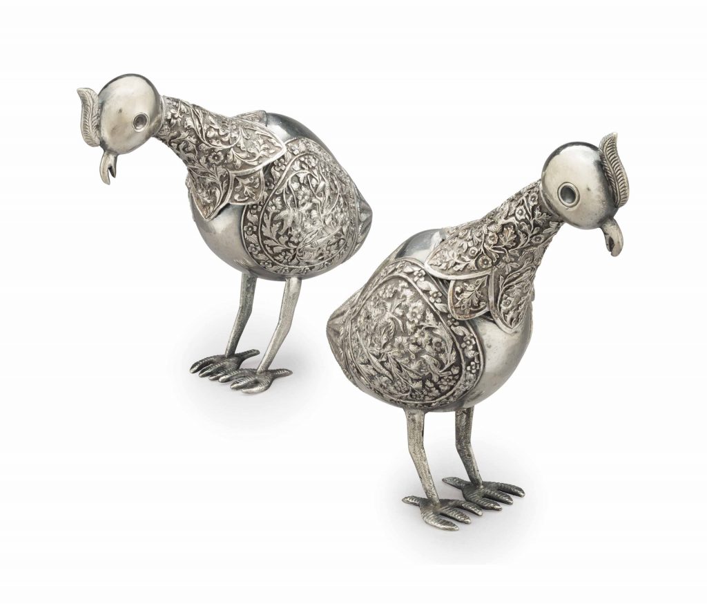 A PAIR OF PERFUME BOTTLES IN THE FORM OF BIRDS POSSIBLY KUTCH, NORTH OR WEST INDIA, LATE 19TH/ 20TH CENTURY