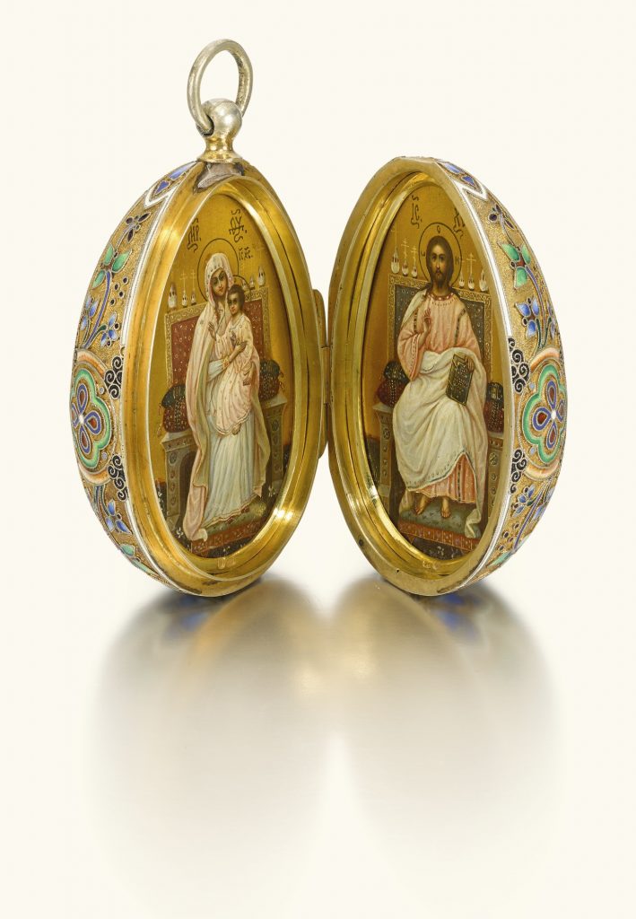 An egg-shaped silver-gilt and cloisonné enamel pendant icon, 11th Artel, Moscow, 1908-1917