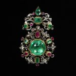 Silver and gilded silver pendant, set with emeralds, rubies and rose- and table-cut diamonds