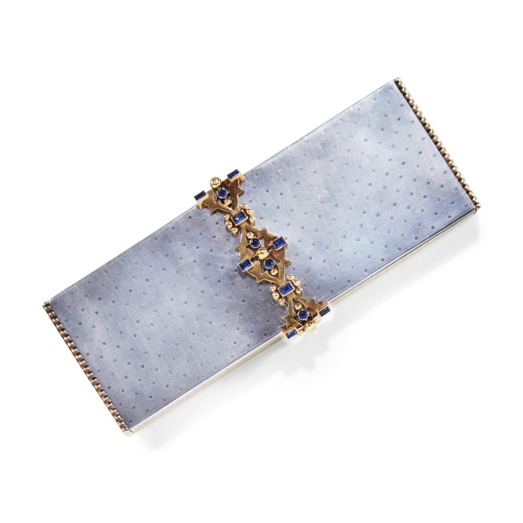 ilver, gold and sapphire vanity case, 1950s