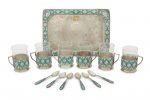 A Persian etched glass and enameled silver seven piece tea service 20th century