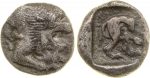 Silver coin.(obverse) Forepart of lion right. (reverse) Rear of lion right; in incuse square.