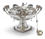 AN AMERICAN SILVER PUNCH BOWL AND LADLE, GORHAM MFG. CO., PROVIDENCE, RI, RETAILED BY STARR & MARCUS, NY, 1871