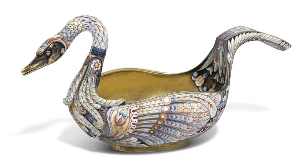 A silver-gilt and cloisonné enamel swan-form kovsh, Ovchinnikov, Moscow, 1908-1917