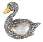 Gold, Silver, Baroque Cultured Pearl, Diamond and Emerald Swan Brooch
