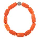 Carved Coral Bead Necklace with Silver and Diamond Ball Clasp