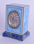 A FINE CONTINENTAL SILVER ENAMEL AND LAPIS LAZULI CLOCK with unusual painted shell dial.
